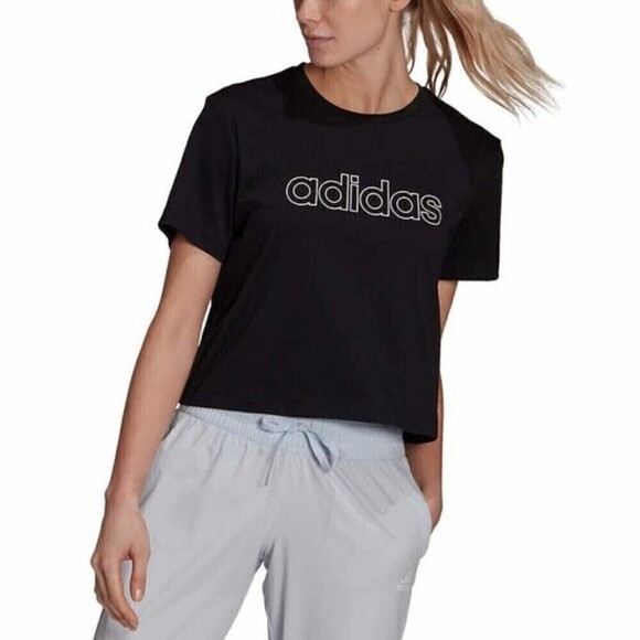 adidas Womens Black Logo Crop Short Sleeve Tee XL Moisure Wicking - Picture 1 of 4